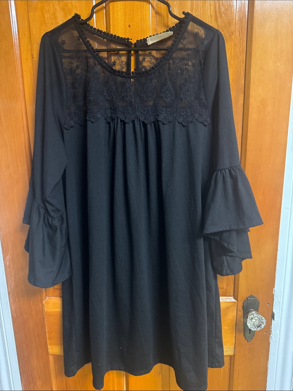 Black Lace-Yoke Bell Sleeve Women's Drewss